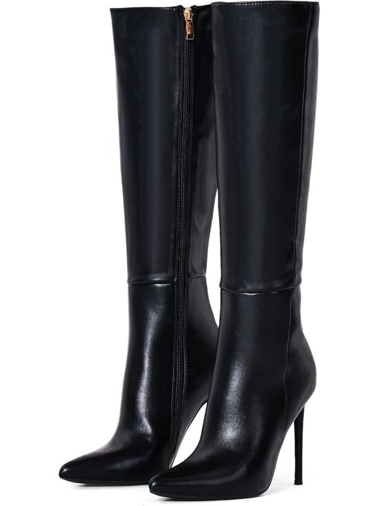 Shoes - Women's Black Synthetic Rubber Stretch Suede Long Pointed Toe Over the Knee Boot